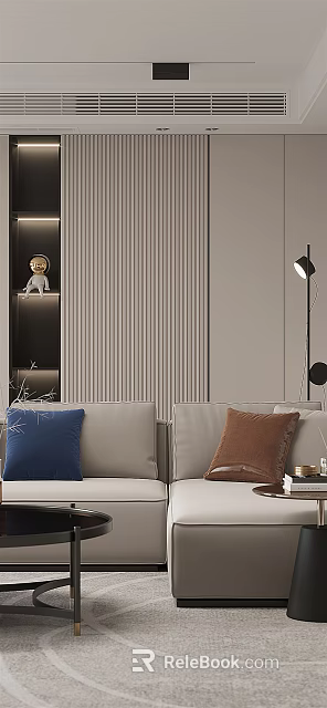Modern Living and Dining Room Interior With Sofa Colored Pillows Striped Wall And Decorative Sculpture 3d model 