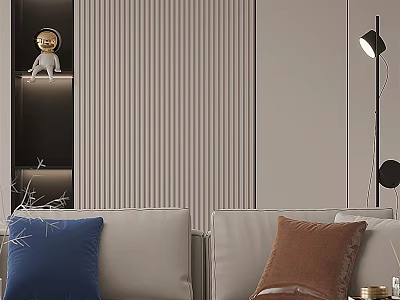 Modern Living and Dining Room Interior With Sofa Colored Pillows Striped Wall And Decorative Sculpture 3d model