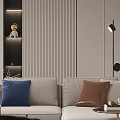 Modern Living and Dining Room Interior With Sofa Colored Pillows Striped Wall And Decorative Sculpture