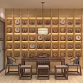Traditional Chinese Tea House Interior With Wooden Decor Display Shelves And Calligraphy Art