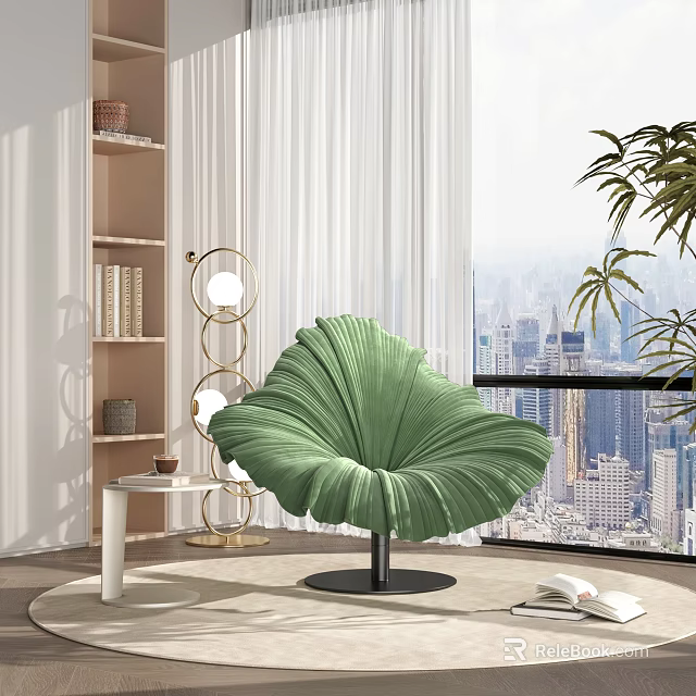 Green Velvet Leaf Shaped Accent Chair by Large Window with City View and Floor Lamp 3d model 