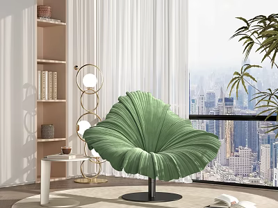 Green Velvet Leaf Shaped Accent Chair by Large Window with City View and Floor Lamp 3d model