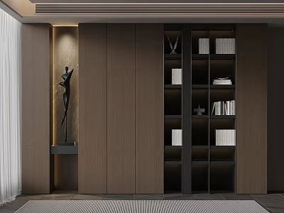 Modern Interior Design With Wooden Cabinets Black Sculpture Bookshelf And Books 3d model