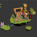Cartoon Style Small Building with Orange Roof Red White Awning Green Trees and Floating Platforms
