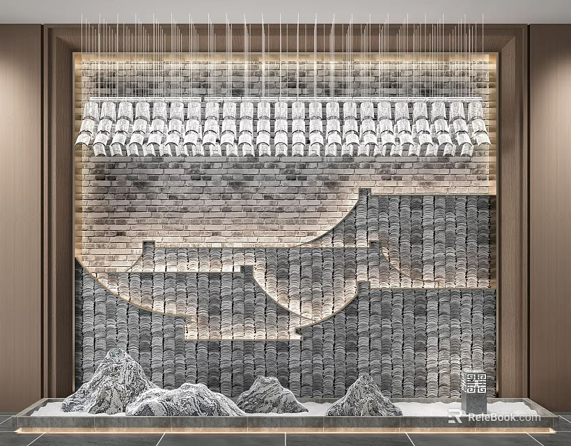 Modern Stone Background Wall With Layered Design Hanging Lights And Rock Decorations 3d model 