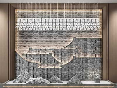 Modern Stone Background Wall With Layered Design Hanging Lights And Rock Decorations 3d model