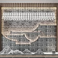 Modern Stone Background Wall With Layered Design Hanging Lights And Rock Decorations