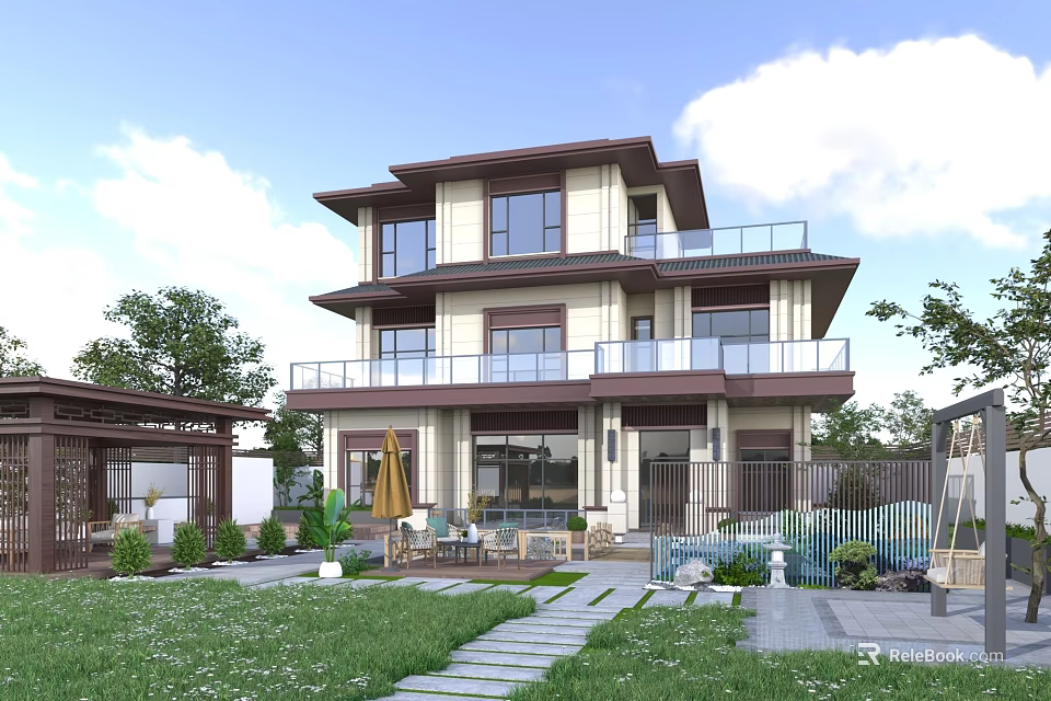Two Story Detached Villa With Modern Exterior Large Windows Balconies Garden Lawn And Stone Path 3d model 
