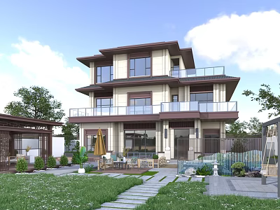 Two Story Detached Villa With Modern Exterior Large Windows Balconies Garden Lawn And Stone Path 3d model