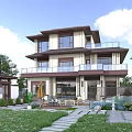 Two Story Detached Villa With Modern Exterior Large Windows Balconies Garden Lawn And Stone Path