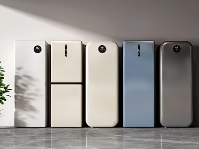 Modern Refrigerators and Freezers with Different Colors and Sleek Design Arranged in Row 3d model