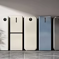 Modern Refrigerators and Freezers with Different Colors and Sleek Design Arranged in Row