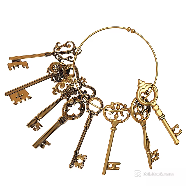 Golden Keys Hanging Decorative Ornament With Intricate Designs And Metal Loops 3d model 