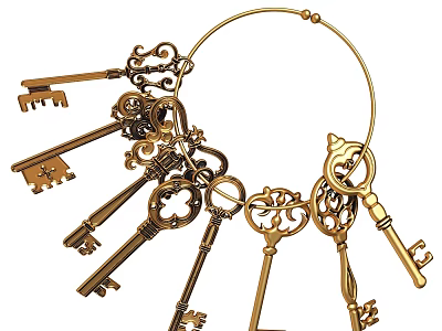 Golden Keys Hanging Decorative Ornament With Intricate Designs And Metal Loops 3d model