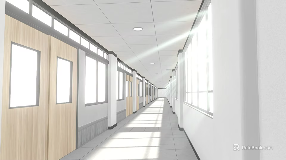 Modern School Corridor With Wooden Doors Windows White Walls Natural Lighting And Tile Flooring 3d model 