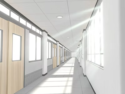 Modern School Corridor With Wooden Doors Windows White Walls Natural Lighting And Tile Flooring 3d model
