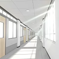 Modern School Corridor With Wooden Doors Windows White Walls Natural Lighting And Tile Flooring