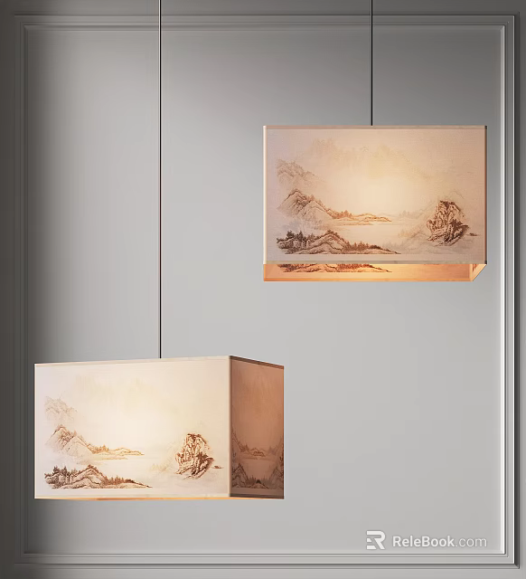 Chinese Style Square Pendant Lights With Landscape Pattern Fabric Shade Illuminating Interior 3d model