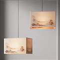Chinese Style Square Pendant Lights With Landscape Pattern Fabric Shade Illuminating Interior 3d model