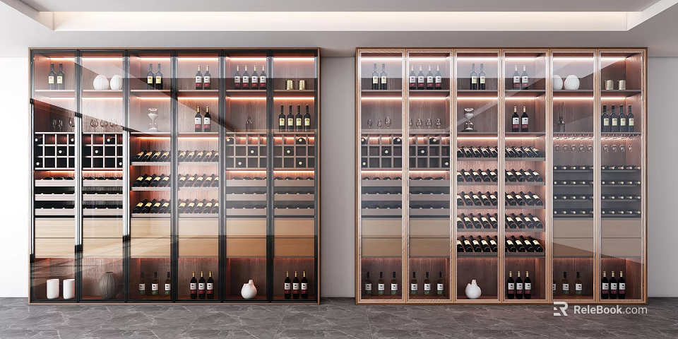 Elegant Modern Wine Cabinet With Glass Doors And Wine Bottles 3d model 