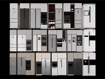 Various Modern Kitchen Cabinets In White Gray And Dark Colors With Integrated Appliances 3d model