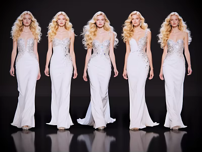 Five women wearing white long dresses with similar curly hairstyles standing at fashion show 3d model