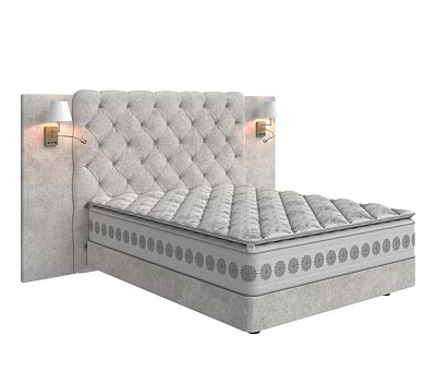 Light Gray Double Bed with Tufted Upholstered Headboard Wall Sconces Thick Mattress and Upholstered Wall Panel 3d model