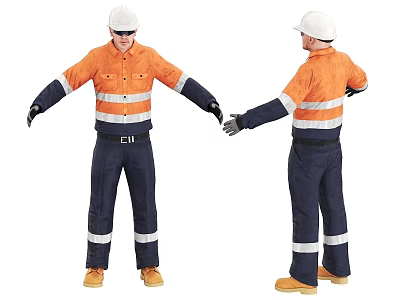 Men In Orange Navy Blue Work Uniforms With Reflective Stripes White Hard Hats Yellow Shoes 3d model