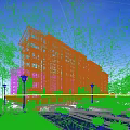 Mid rise Residential Building with Landscaping Swimming Pool Street Lamps and Pedestrian Walkways Under Blue Sky