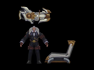 Gray Haired Armored Character With Ornate Mechanical Weapon And Decorative Golden Chair 3d model
