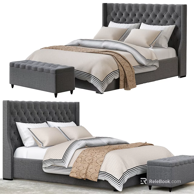 Double Bed With Tufted Headboard Linen Bedding Neutral Tones And Matching Ottoman 3d model