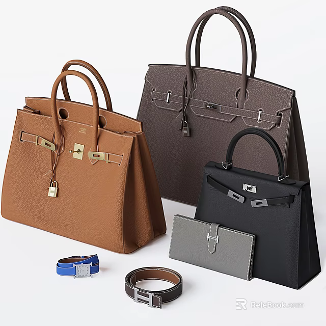 Luxury Classic Handbags In Brown Dark Brown Black With Metal Buckles Lock Wallet And Belts 3d model 