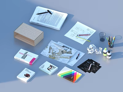 Essential Everyday Life Supplies With Notebooks Folders Colored Pens Pencils And Design Papers 3d model