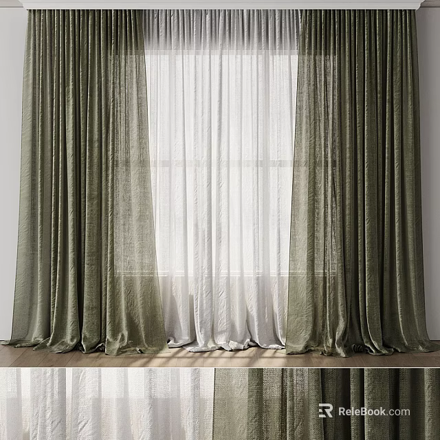 Green Layered Curtains With Sheer White Panels And Floor Length Design For Modern Interior Window 3d model 