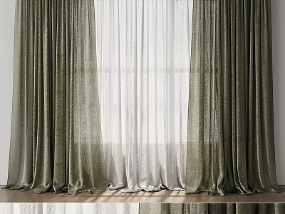 Green Layered Curtains With Sheer White Panels And Floor Length Design For Modern Interior Window 3d model