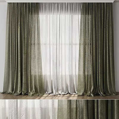 Green Layered Curtains With Sheer White Panels And Floor Length Design For Modern Interior Window 3d model