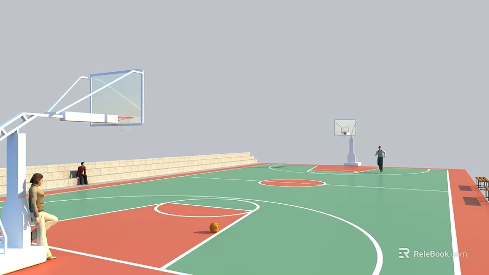 Indoor Basketball Court With Green Red Flooring White Lines Basketball Hoops People And Basketball 3d model 