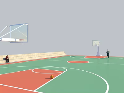 Indoor Basketball Court With Green Red Flooring White Lines Basketball Hoops People And Basketball 3d model