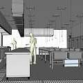 Commercial Restaurant Kitchen With Stainless Steel Workstations Cabinets Two Staff Working Under Bright Lights