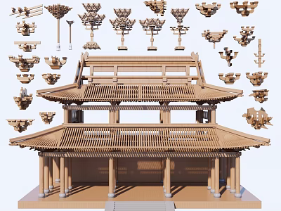 Traditional Architectural Components Including Brackets Roof Structures And Columns For Wooden Building 3d model