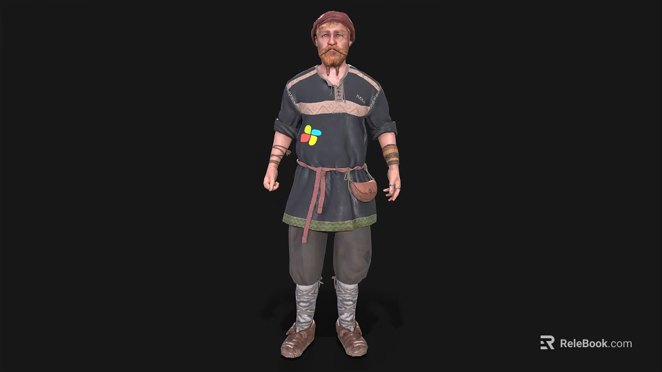 Man Wearing Striped Tunic With Colorful Square Patch Leather Belt Arm Bands Gray Pants And Brown Boots 3d model 