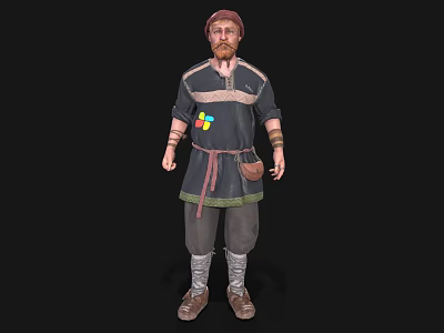 Man Wearing Striped Tunic With Colorful Square Patch Leather Belt Arm Bands Gray Pants And Brown Boots 3d model