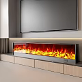 Modern Linear Fireplace With Realistic Flame Effect In Living Room With TV And Wooden Cabinets