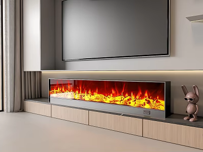 Modern Linear Fireplace With Realistic Flame Effect In Living Room With TV And Wooden Cabinets 3d model