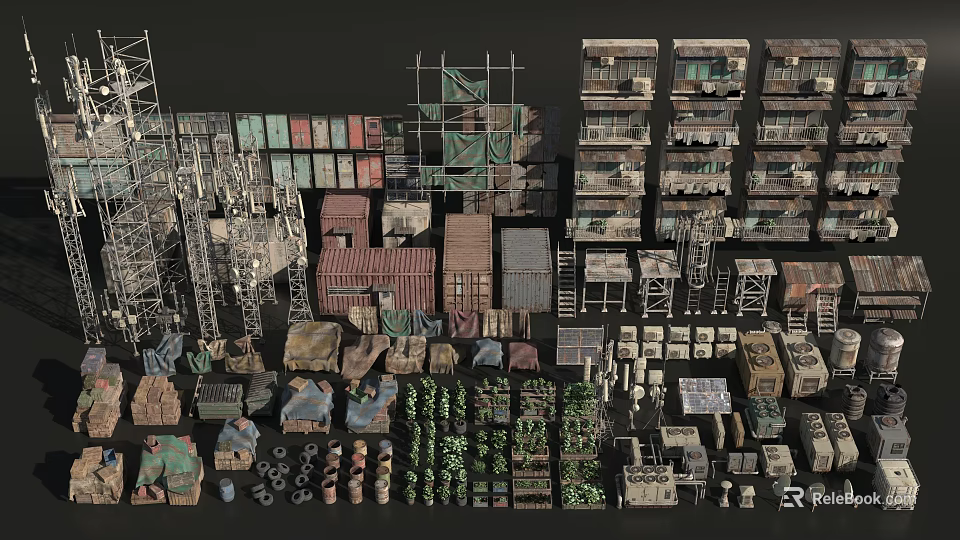 Diverse Building Models Collection With Scaffolding Houses Plants And Equipment 3d model