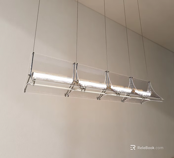 Modern Linear Chandelier With Metal Frame And Transparent Elements Hanging From Ceiling 3d model 