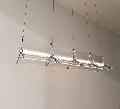 Modern Linear Chandelier With Metal Frame And Transparent Elements Hanging From Ceiling 3d model