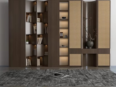 Modern Dark Wood Bookcase With LED Lighting Open Shelves And Decorative Ornaments 3d model