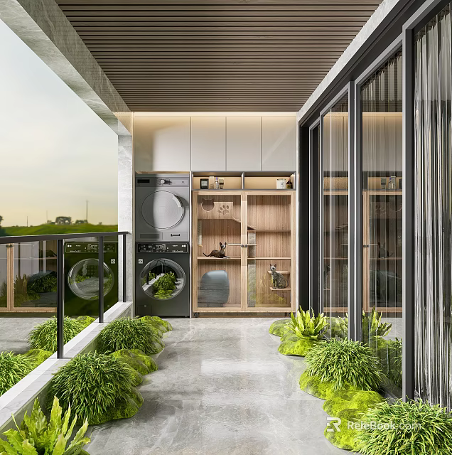 Home Balcony With Washing Machine Wooden Storage Shelves Green Plants And Glass Doors 3d model 