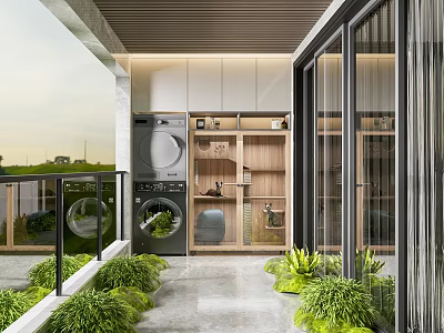 Home Balcony With Washing Machine Wooden Storage Shelves Green Plants And Glass Doors 3d model